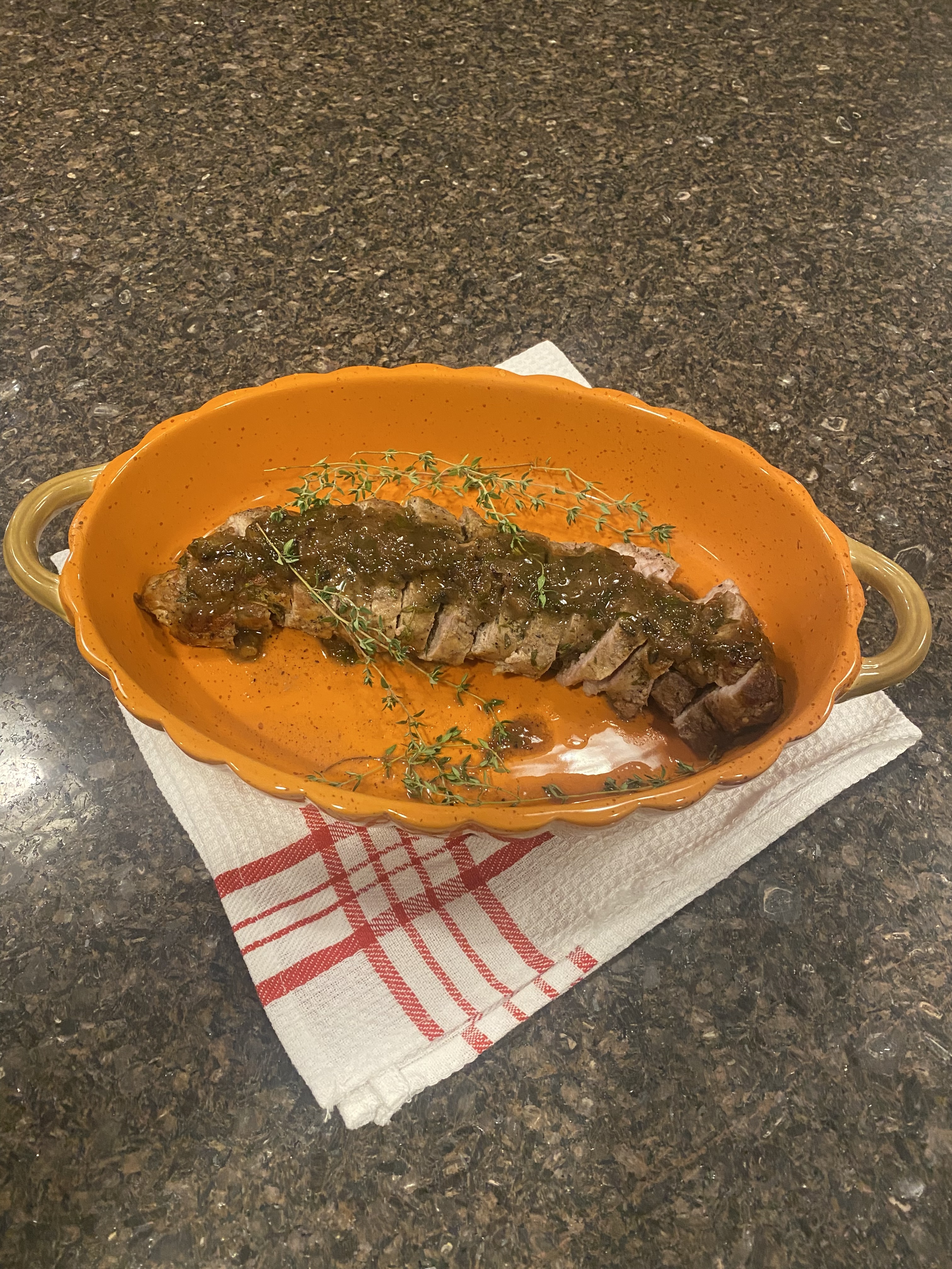 Thyme and Dijon seared pork tenderloin with cider pan sauce